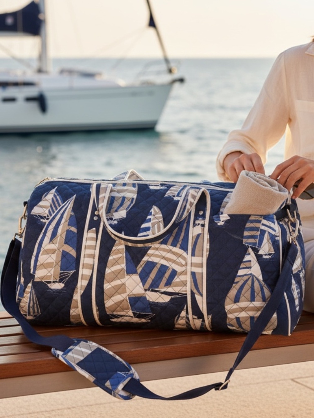 Handmade Quilted Duffel Bag Nautical Sailboat Print Weekender Travel Tote